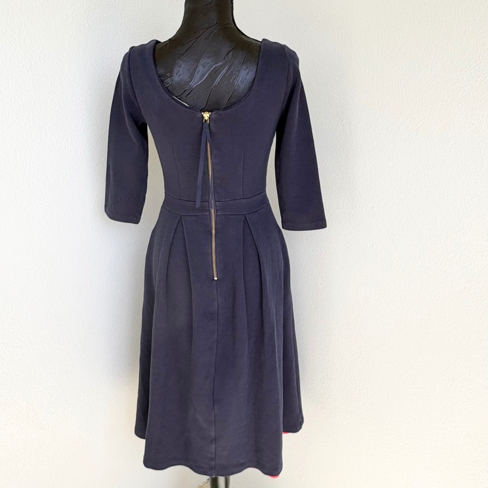 Boden‎ Fit & Flare Dress 3/4 Sleeve Pleated Back Zip, Women US 6R Navy Blue - Picture 2 of 11